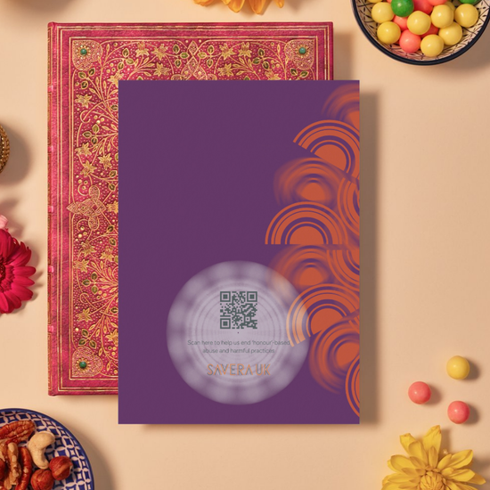 Back of a celebration card with a deep purple background and an orange mandala pattern along the right edge. At the bottom center, a circular light purple area contains a QR code above the text: ‘Scan here to help us end ‘honour’-based abuse and harmful practices.’ Below the text is the logo ‘SAVERA UK’ in orange capital letters with a stylized geometric font.