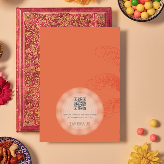 Back of a card with a bright orange background featuring subtle mandala patterns made of overlapping geometric circles in a spiral design. At the bottom center, a soft glowing circular area contains a QR code above the text: ‘Scan here to help us end ‘honour’-based abuse and harmful practices.’ Below the text is the orange geometric logo ‘SAVERA UK.’