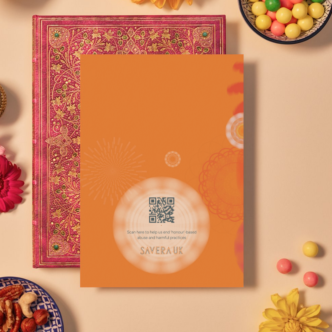 Back of a card with a bright orange background featuring soft mandala patterns made of circular and geometric shapes in shades of red, orange, and yellow. At the bottom center, a glowing white circular mandala holds a QR code above the text: ‘Scan here to help us end ‘honour’-based abuse and harmful practices.’ Below the text is the orange geometric logo ‘SAVERA UK.
