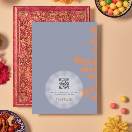 Back of a birthday card with a soft lavender background and an abstract orange mandala pattern on the right side. At the bottom center, a pale circular area contains a QR code above the text: ‘Scan here to help us end ‘honour’-based abuse and harmful practices.’ Below the text is the orange geometric logo ‘SAVERA UK.’