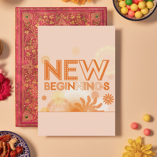 Card with bold orange text reading ‘NEW BEGINNINGS’ in a mix of dotted, striped, and outlined geometric fonts. The background is a soft peach color featuring intricate orange and yellow mandala patterns made of circular and spiral geometric shapes, symbolizing renewal, growth, and positive change.